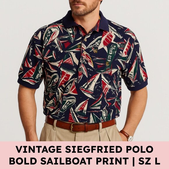 ⛵️ Vintage Siegfried Sailboat Rugby Polo — Navy Multi (L) 100% Cotton, Hong Kong - Picture 1 of 12